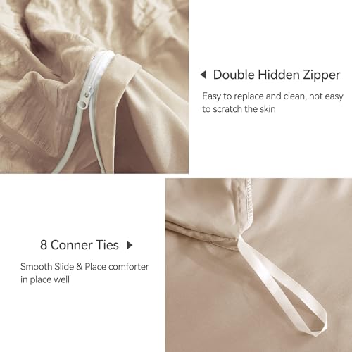 Image of JELLYMONI Seersucker Duvet Cover Set Twin, 3pcs Khaki Polyester | In Dorm & Kids Room, Single Sleepers Pick, Crinkled Texture, Oeko-Tex Certified, 8 Corner Ties & Hidden Zipper