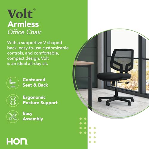 Image of HON Volt Ergonomic Office Chair with Mesh Back, Armless Fabric Desk and Computer Chair with Center‑Tilt Recline and Wheels for Home Office or Workstation, Black