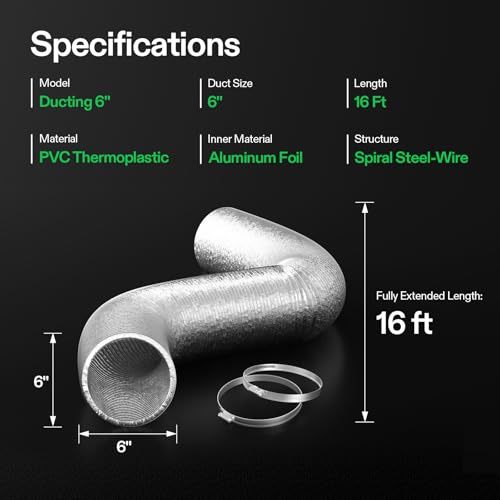 VIVOSUN 25 Feet 6 Inch Non-Insulated Flex Air Aluminum Duct for Ventilation Ducting w/ 2pcs 6 Inch Stainless Steel Clamps