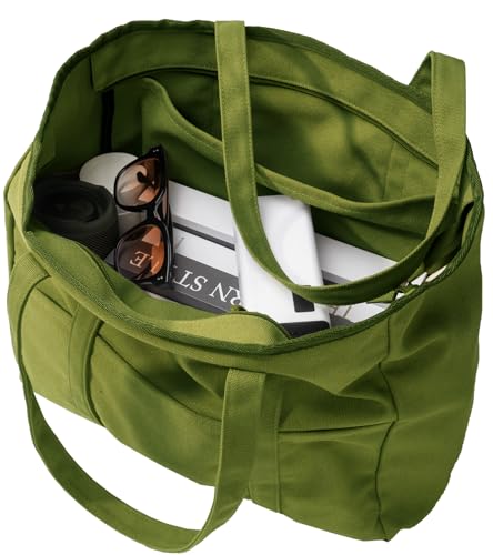 Bagelite Extra Large Canvas Tote Bag for Women Men, Utility Work Tote with Zipper, Laptop Tote Bags with Pockets, Teacher Tote, Green