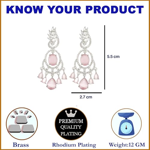 Image of ZENEME Rhodium-Plated American Diamond Studded Oval & Leaf Shaped Drop Earrings For Girls and Women