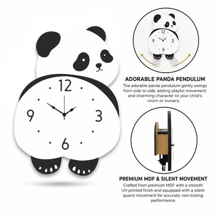 Image of Bamboo Bear Design Pendulum Wall Clock for Kids Room, Decorative Analog Timepiece with Swinging Element, Animal Theme Home Accent for Bedroom, Nursery, Playroom, Study Area and Indoor Decor