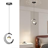 Mini Chandelier Ceiling Light Fixture, Modern Moon Mount Ceiling Chandelier with Star Projector, Height Adjustable Pendant Light for Bedroom Entryway Hallway Dining Room Living Room Hanging Light