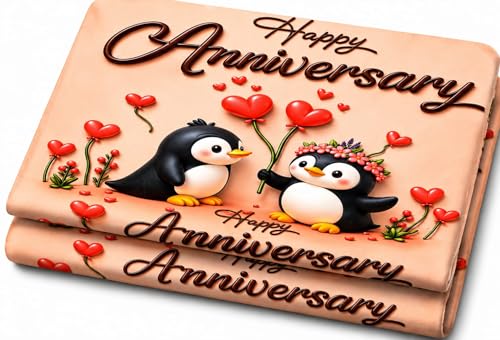 Image of RUMPS 7D Happy Anniversary Penguin Printed Flat Bedsheet King Size 90x100 Inch with 2 Pillow Covers 16x26 Inch | Romantic Couple Bedsheet | Soft Microfiber Double Bedsheet