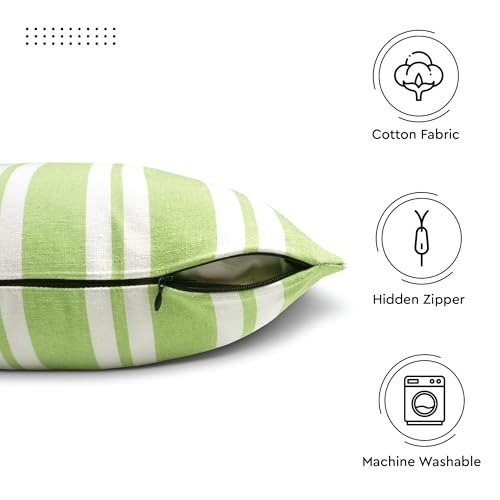 Image of Encasa XO Farmhouse Throw Pillow Covers Set of 2 (20x20 in) Franca Lime Stripes | Decorative Cushion Covers No Inserts | Plaid and Stripes Pillow Covers for Living Room, Couch