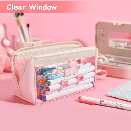 Image of YOKUMA Clear Aesthetic Pencil Case Pouch for Girls Cute Kawaii Mark Pen Case Organizer Large Capacity for Kids Teen College Students Adults,Small Makeup Bag,Back to School Supplies(Pink)