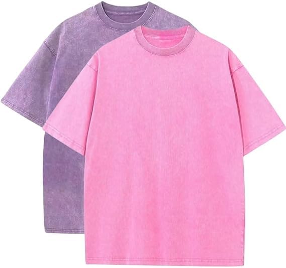 2PCS Men Oversize T-Shirt Men's Heavy Cotton Summer T-Shirt tee Loose Fit Short Casual Wash Solid Basic tee Tops (M,05)