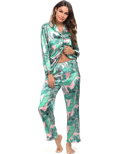 Image of SWOMOG Long Sleeve Pajamas Set Silk Satin Sleepwear Button Down Pjs Loungewear with Pocket