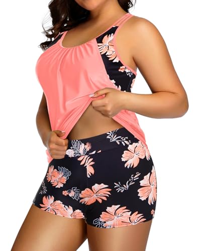 Image of Womens Plus Size Tankini Swimsuit Two Piece Tummy Control Bathing Suit | Blouson Racerback Tankini Top with Shorts, Double Up Design, Removable Pad