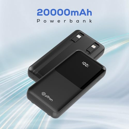 Image of pTron Dynamo Bolt 20000mAh Power Bank, Inbuilt Charging Cables, 35W Super Fast Charging,USB Type-C Input Power Bank Compatible with QC3.0 /PD3.0,4 Charging Outputs,Type-C Input /Output Port (Coal Black)