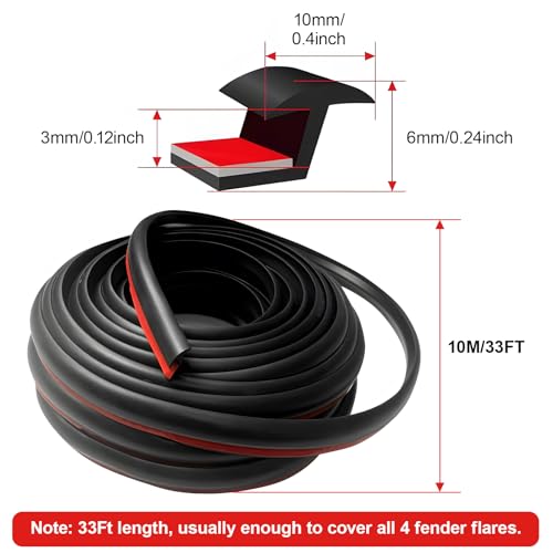 GreceYou Rubber Fender Flares Edge Trim, 10M/33FT T-Style Self-Adhesive Fender Flare Rubber Seal for Car and Truck Wheel Wells