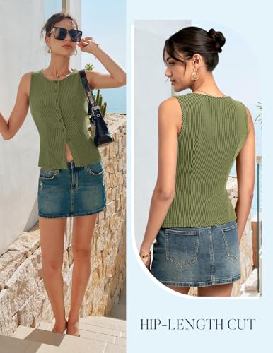 Kate Kasin Women Green Button Up Sleeveless Tops, Ribbed Tank Sweater Vest Trendy, Summer Going Out Outfits Lightweight L — view 4