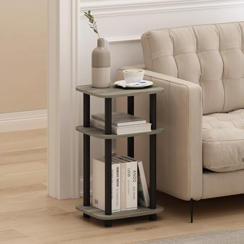 Image of Furinno JUST 3-Tier Telephone Table, Turn-N-Tube Toolless Side Table with Open Shelf, Round Curve Corner Night Stand, Bedside Table, for Living Room, Bedroom, French Oak