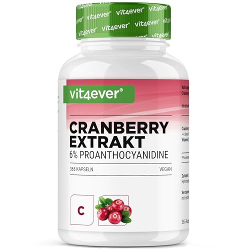 vit4ever Cranberry Extrakt + Vitamin C - 365 Cranberry Kapseln - 25:1 Extrakt entspricht 25.000mg - 6% Proanthocyanidine - Hochdosiert ohne unerwünschte Zusätze vegan