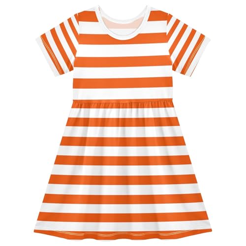 Orange White Stripes Girls Short Sleeve Dress Summer Fashion A-line Skater Dresses