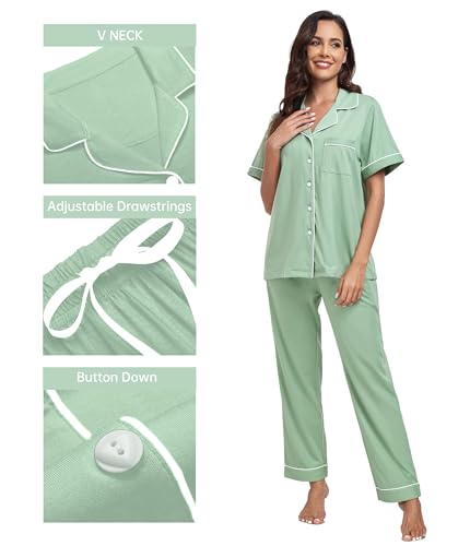 Image of CF Womens 100% Cotton Pajamas Set Button Down Pjs Sets Short Sleeve Top & Long Pants Sleepwear Comfy Loungewear with Pockets