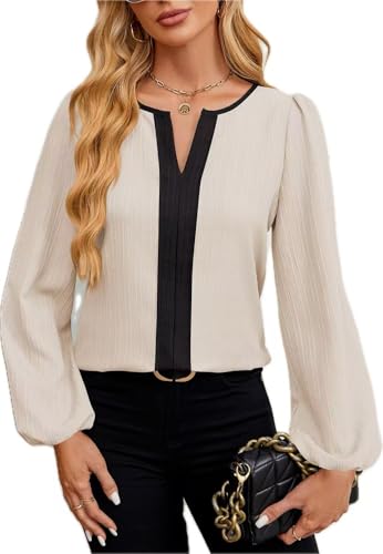 LEKOPUR Bluse Beige Damen Langarm Shirt Blusen Elegant Farbblock V-Ausschnitt Oberteil für Party Business Outfit Tunika Damenblusen