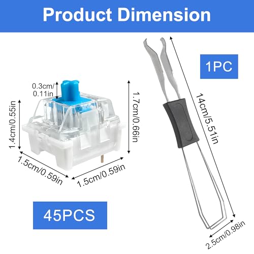 45 Stück Mechanische Blue Tastaturschalter kompatibel mit MX, Präzise Switches für Gaming und Office, mit Switch Puller für Montage sowie Ersatz der Tastatur Ersatztasten 3-Polige Tastatur Switches