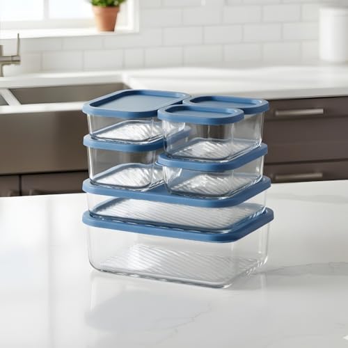 Image of Femora Borosilicate Glass Food Storage Containers with Lids Set of 7 (310ml x2, 520ml x2, 750ml, 1200ml, 1700ml) | Rectangular, Airtight & Leakproof | Microwave & Dishwasher Safe | Blue