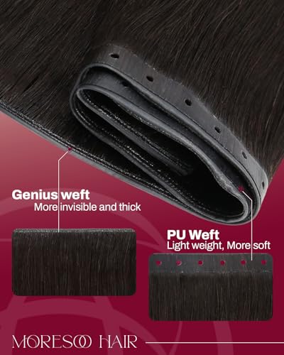 Image of Moresoo Butterfly Weft Hair Extensions Human Hair, Invisible Genius Weft, #2 Dark Brown 16 Inch 50g, Add Volume, OVO PU Hole, Straight Soft Remy Hair, Simple Installation