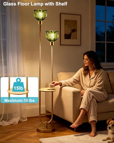 Image of Lightdot 2-Lights Modern Glass Floor Lamp with Table Gold Standing Tall Lamps with Green Glass Shade, Flower Floor Lamp with Foot Switch for Living Room Bedroom Home Decor (Bulbs Included)