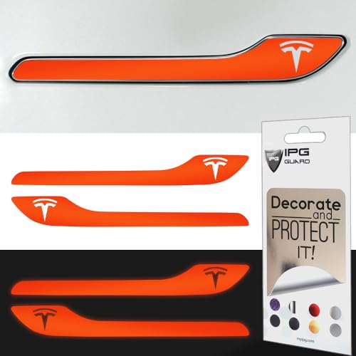 Image of IPG Compatible for Model 3 / Model Y /Juniper Door Handle Decal Sticker Wrap Kit (Set of 4) with Tesla Logo Personalize Your Tesla (Reflective Series - Orange)