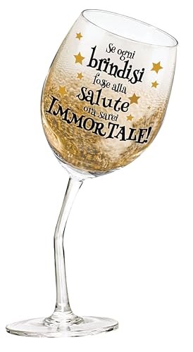 Bicchiere da Vino Divertente – “Se ogni brindisi fosse alla salute ora sarei immortale!!” – Calice Inclinato con Gambo Piegato – Regalo Originale e Ironico per Amanti del Vino