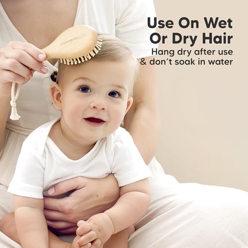 Image of Wooden Baby Hair Brush Set for Newborns, Toddler Comb (Walnut, Petite) | Soft Goat Bristle, Baby Brush and Comb Set, Infant Grooming Kit, Cradle Cap Care, Durable & Gentle, Boy, Girl Bath Essential