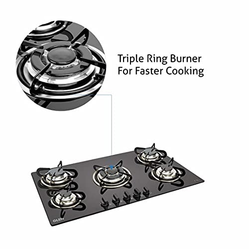 Glen 5 Burner Built in Glass Gas Hob with European Sealed Triple Ring Burners, Auto Ignition, Black (1095 TRG) - Image 5