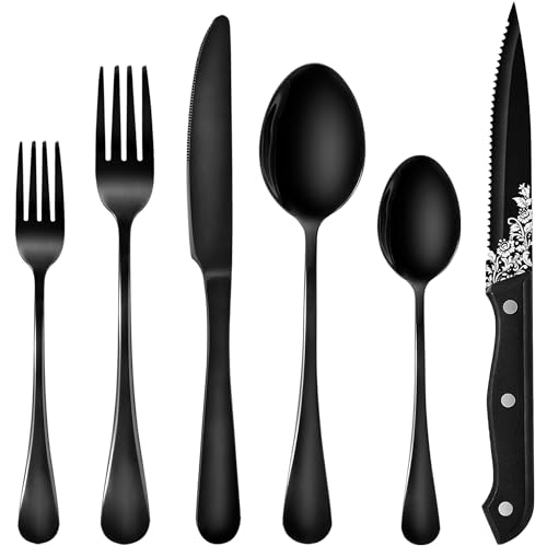 SHEUMNT 48-Piece Black Silverware Set, Mirror Polished Flatware Set for 8, Food-Grade Stainless Steel Cutlery Set, Includes Spoons Forks Knives, Kitchen Cutlery for Home Office Restaurant Hotel