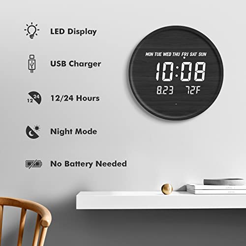 Smart Digital Clock Lighted Silent Led Wall Clock Large Display Modern Non Ticking Wooden Clock With Temperature 12/24H Time Clocks For Living Room Bedroom Office Kitchen Classroom Decor 12 Inch #TOP2