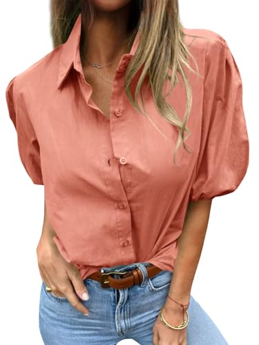 Image of Tankaneo Women's Button Down Shirts Short Puff Sleeve Collared Dressy Casual Blouse Tops