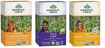Organic India Calming Tulsi Herbal Tea Favorites - Ashwagandha, Honey Chamomile, Sleep - Holy Basil, Adaptogen, Vegan, USDA Certified Organic, Non-GMO - 18 Infusion Bags per Box (Pack of 3)