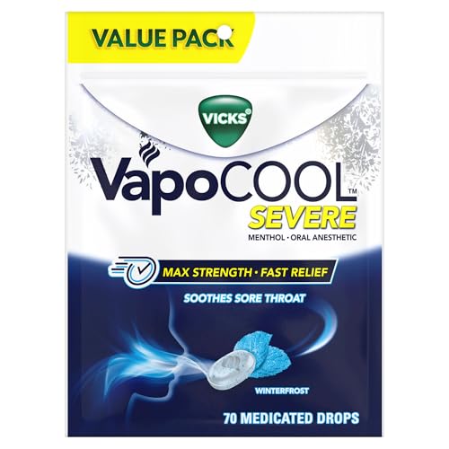 Vicks VapoCool Severe Medicated Sore Throat Drops Max Strength Menthol Soothes Sore Throat Pain Winterfrost Flavor 70 Count