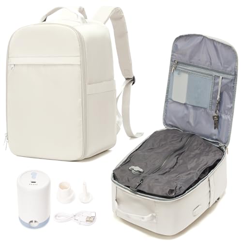 Vacuum backpack travel with pump, Travel Backpack with Vacuum System,Carry on Personal Item Bag 17×10×9 United Airlines Flight Approved Hand Luggage - Beige