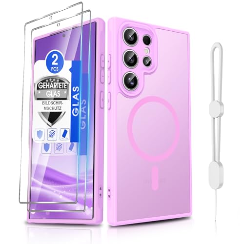 Dizn Magnetisch Handyhülle für Samsung Galaxy S24 Ultra für MagSafe mit 2 Panzerglas Displayschutz Folie, mit Handy Band,Eingebauter Magnetring,Matt Transparent Case,Magnet Hülle für S 24 Ultra, Rosa