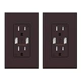 (2 Pack, Glossy Brown) ELEGRP USB Outlet Wall Charger, Dual High Speed 4.0 Amp USB Ports with Smart Chip, 15 Amp Duplex Tamper Resistant Receptacle Plug NEMA 5-15R, Wall Plate Included, UL Listed