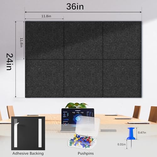 Image of Large Cork Board 6 Pack Black Notice Board 36 x 24 Inch Felt Wall Tiles Cork Boards for Walls with Push Pins, Cork Boards for Office with Safe Removable Bulletin Board, Bulletin Board