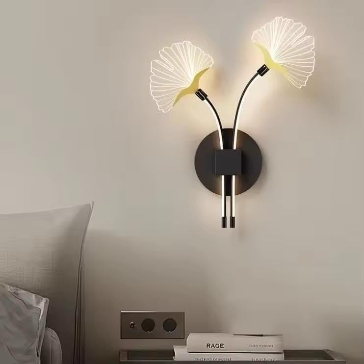Image of Modern LED Wall Sconce Light, Dual Ginkgo Leaf Design, Metal Base with Three Colour Illumination (Warm White, Natural White, Cool White), Indoor Decorative Lighting, Black