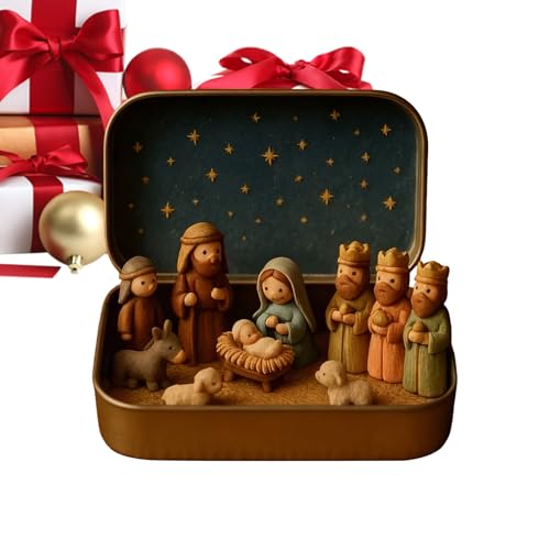 Figuras de Natividad en lata, mini decoraciones navideñas de la Sagrada Familia para la iglesia, tamaño de bolsillo con escena de nacimiento de Jesús, accesorios para el hogar para escritorio de ofici
