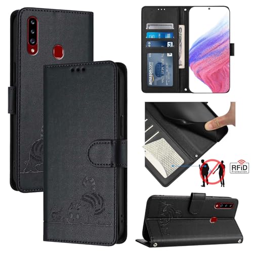 XYX Wallet Case for Samsung Galaxy A20S with Card Holder, RFID Blocking, Leather Flip Folio, Wrist Strap, Card Holder, Shockproof, Kickstand, Black