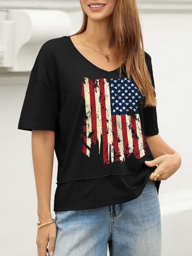 Image of UNCLECAT Womens V Neck T Shirts Summer Trendy Loose Fit Casual Tops Tees | Short sleeve, Spliced hem, Flowy graphic tees,Solid color cute basic t-shirts