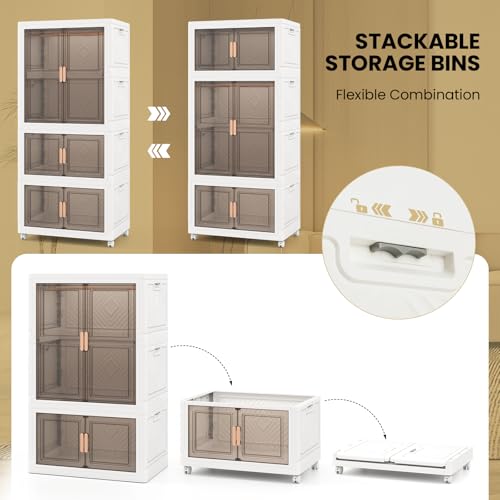 Image of COSTWAY Portable Wardrobe with 10 Retractable Hangers, 421L Foldable Plastic Clothes Cabinet with Doors and 4 Wheels, Mobile Collapsible Stackable Storage Boxes Containers Closet Organizer for Bedroom