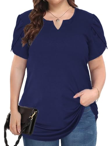 Women Plus Size Tops Dressy Casual Blouses Short Sleeve V Neck Petal Loose Flowy Tops for Casual T-Shirts