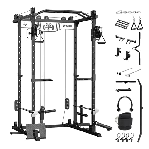 EVOLPOW Power Rack P2D for Home Gym, 1200lbs Multi-Function Power Cage with Adjustable Cable Crossover System and More Training Attachments