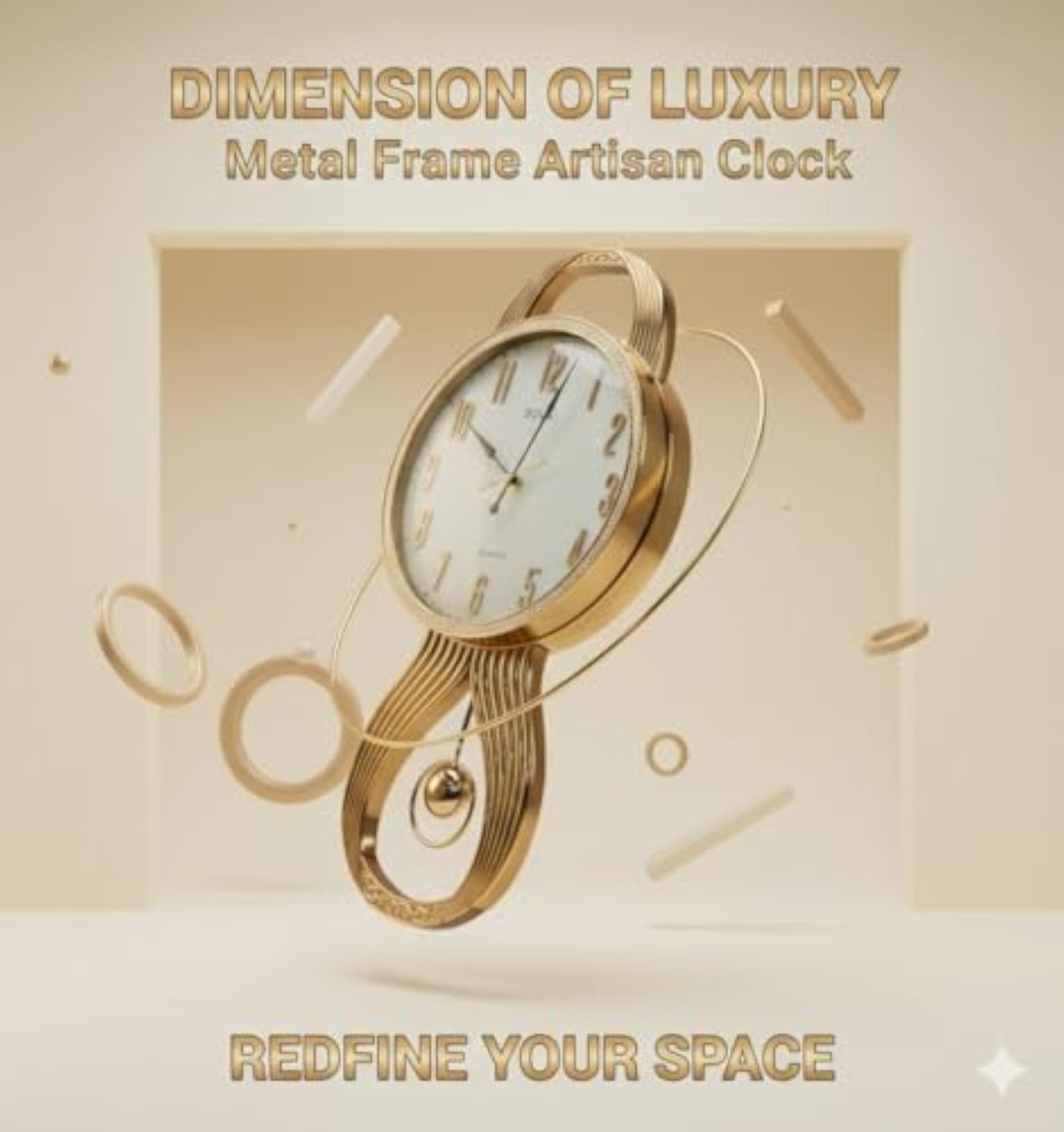 Stylish Pendulum Wall Clock, 26x13 Inch, Gold Frame