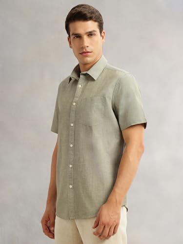 Image of Thomas Scott Men's | Solid | Linen Blend | Slim Fit | Short Sleeve | Spread Collar | Casual |Shirts for Men