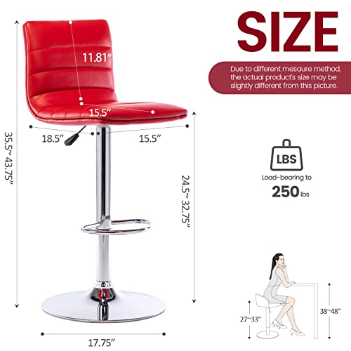 Vogue Furniture Direct Pu Leather Bar Stools, Modern Square Adjustable Swivel Barstools With Back, Armless Airlift Counter Height Bar Chairs For Kitchen Dining Set Of 2 (Red) #TOP2