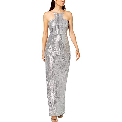 Adrianna Papell Women's Sequined Halter Full Length Gown Silver Size 4