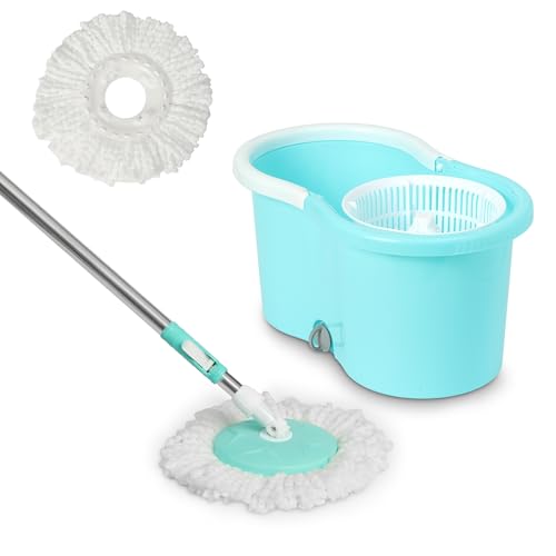 Image of BonKaso Plastic Spin Mop Bucket, Moppers for Cleaning Floor, Mop Set Extendable Handle, Removable Wringer 360 with Floor Cleaner Mopping Stick (Round Mop Set)